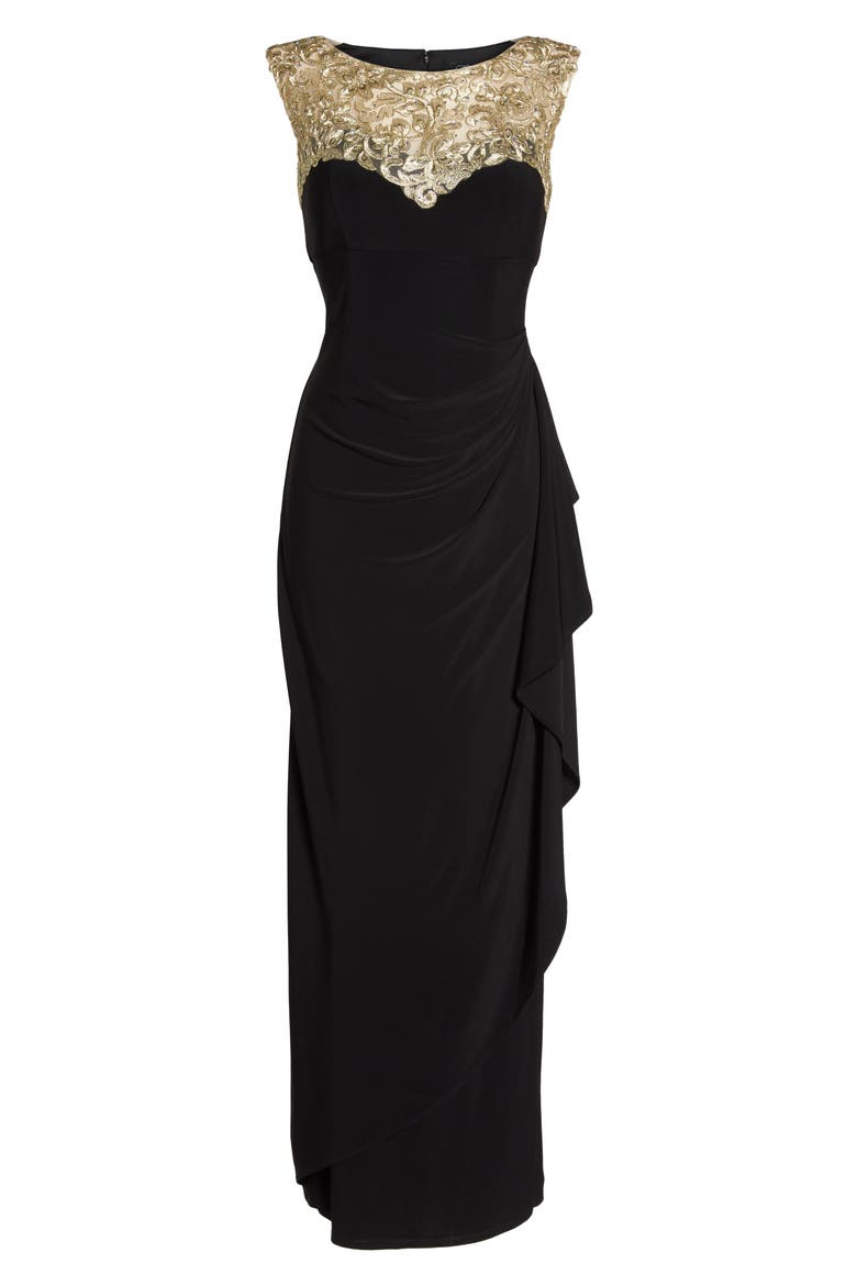Embroidered Side Ruched Gown, Alternate, color, BLACK/ GOLD