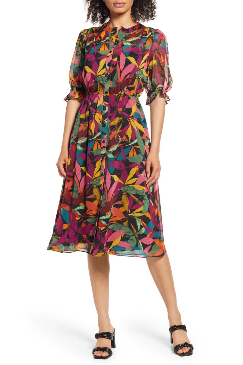 Tropical Print Shirtdress, Main, color, BLACK/ GRAPE JUICE