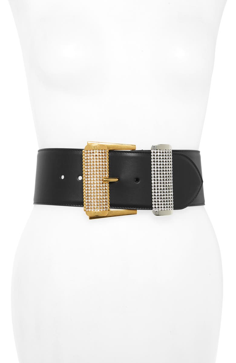 Versace Two Tone Strass Buckle Leather Belt, Main, color,