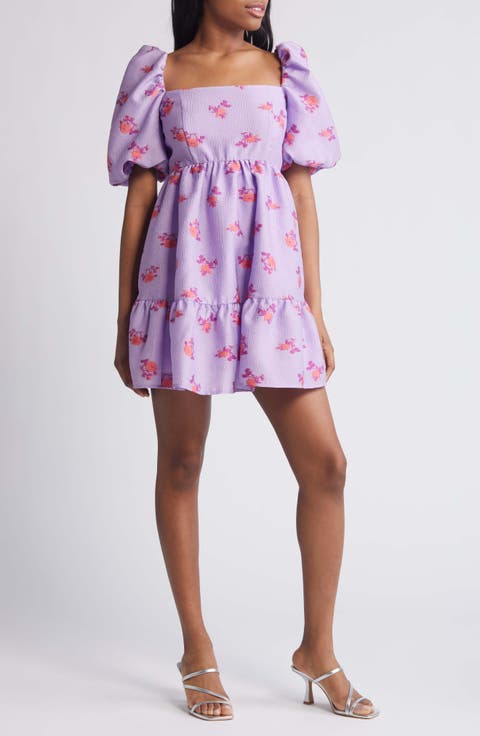 Brocade Puff Sleeve Babydoll Dress