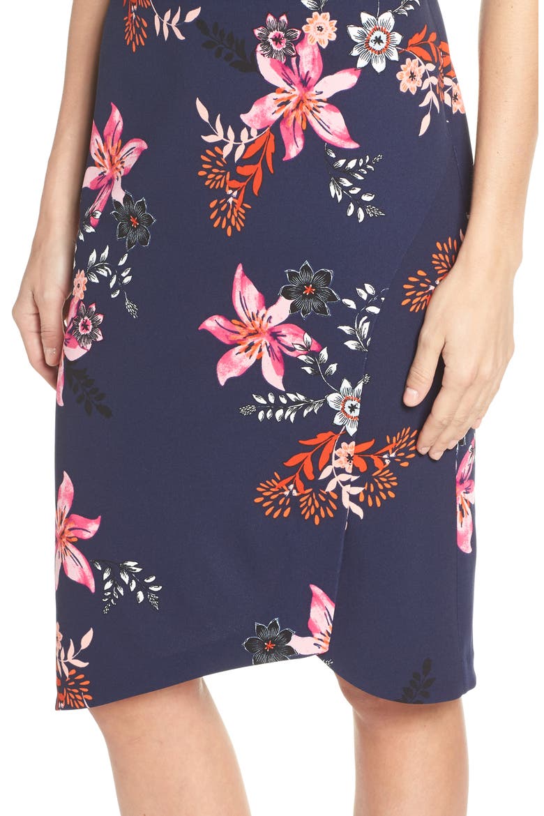 Asymmetrical Hem Scuba Crepe Sheath Dress, Alternate, color, NAVY/ MULTI