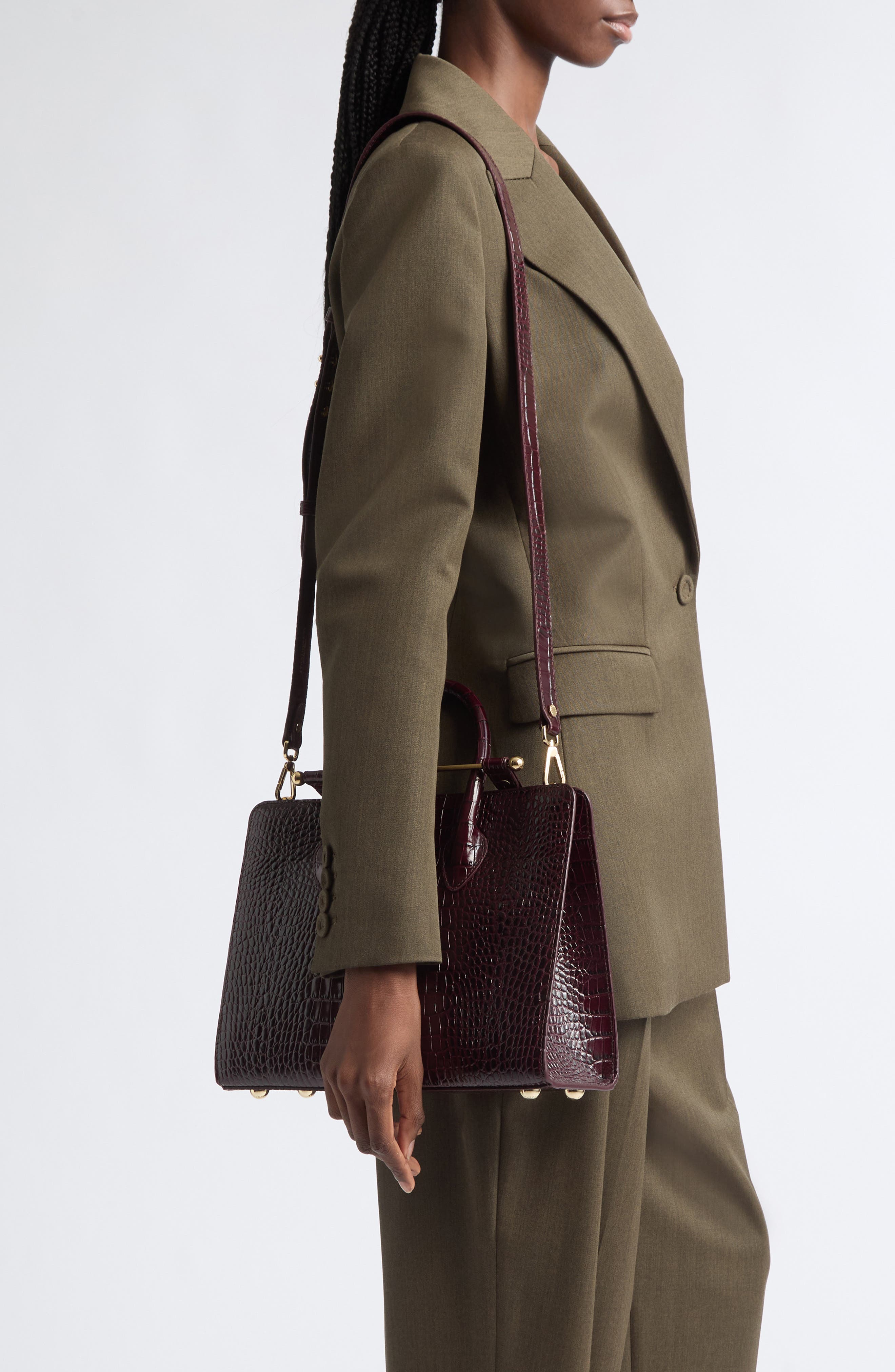 Midi Croc Embossed Leather Tote, Alternate, color, BURGUNDY