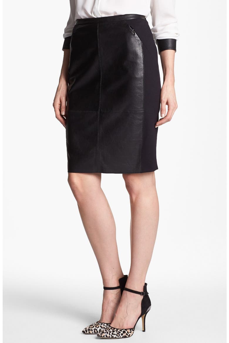 Leather & Ponte Pencil Skirt, Main, color, BLACK