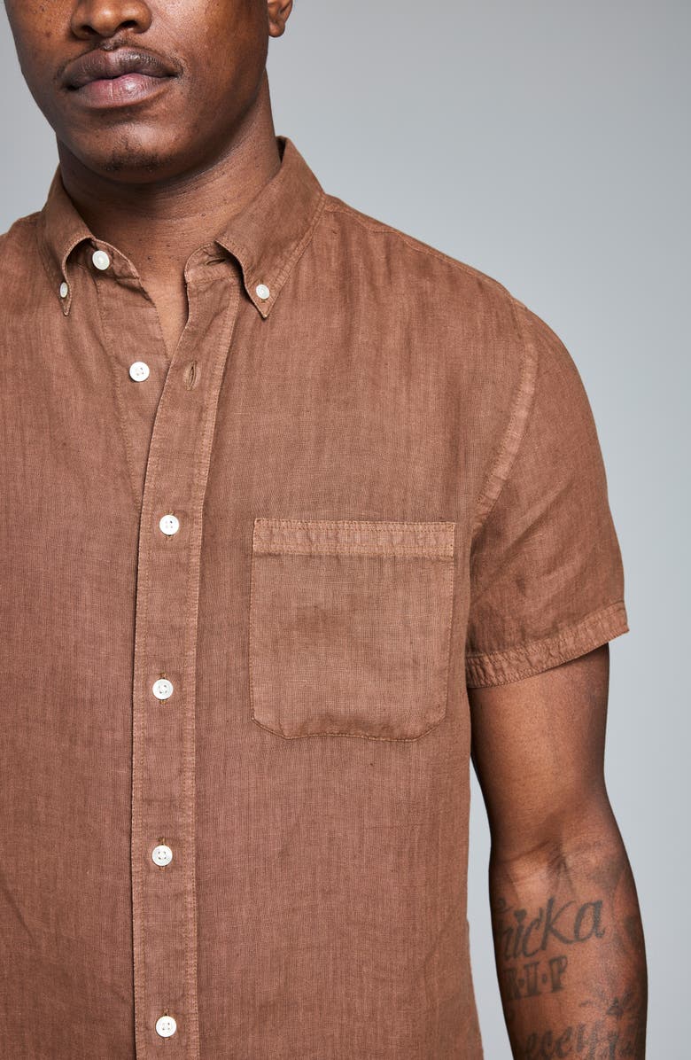 Billy Reid Tuscumbia Short Sleeve Linen Button-Down Shirt, Alternate, color, Oak Brown