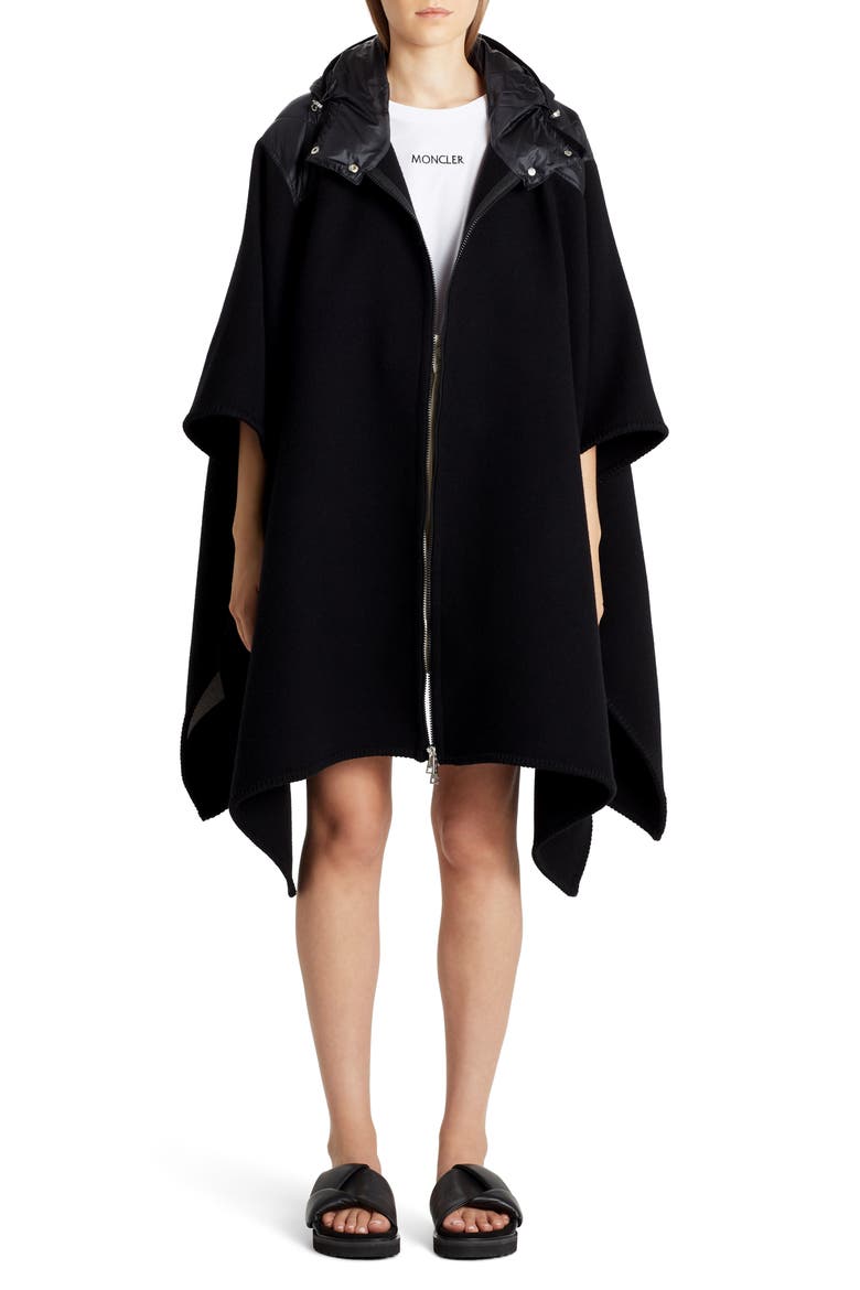 Mantella Down Hood Logo Jacquard Wool Cape, Alternate, color, BLACK