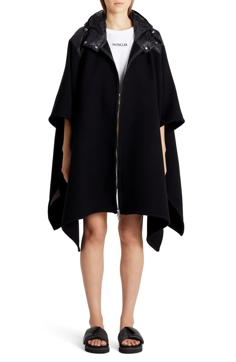 Moncler Mantella Down Hood Logo Jacquard Wool Cape, Alternate, color, 