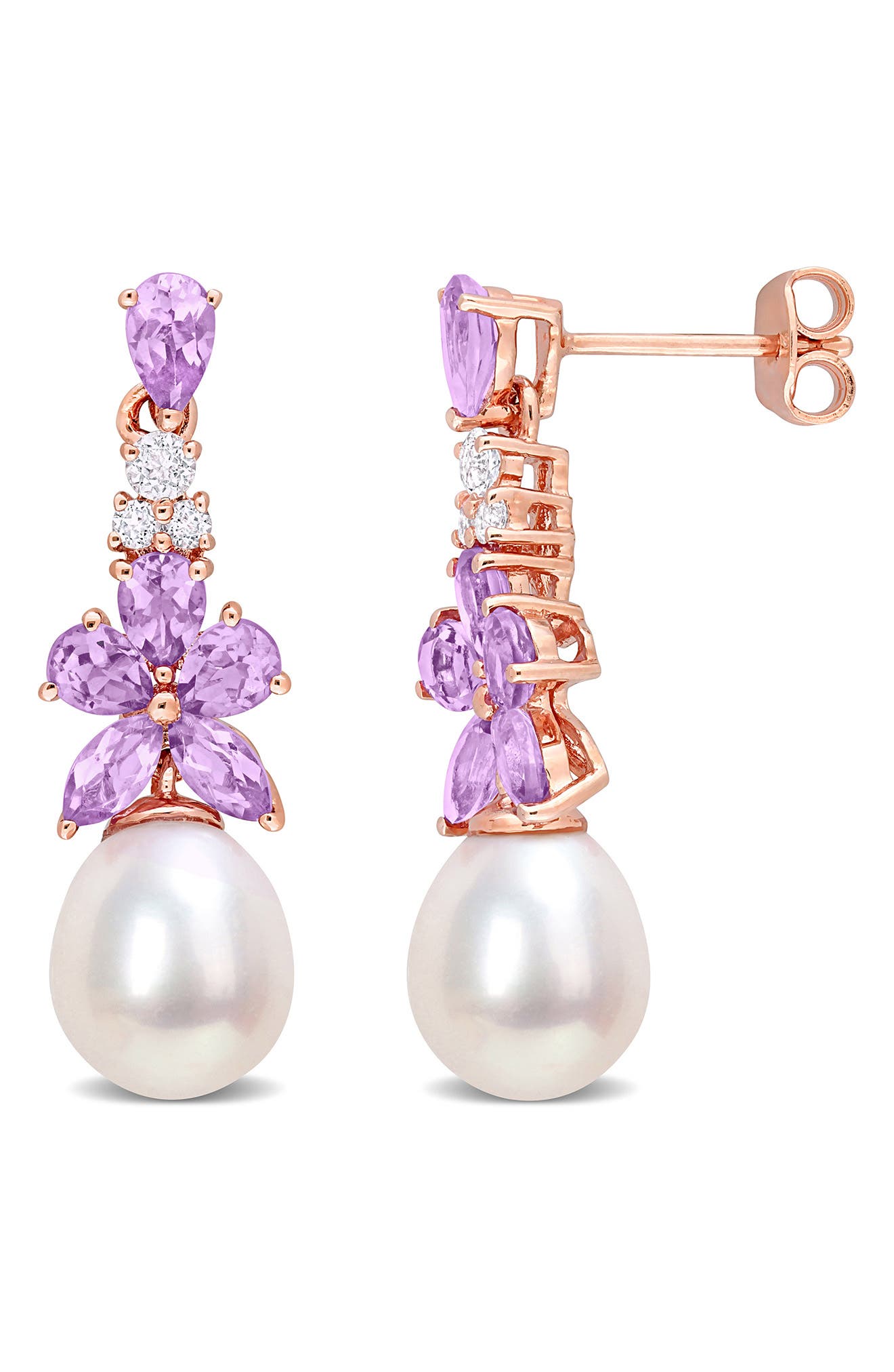 DELMAR Rose Gold Plated Sterling Silver Amethyst & White Topaz 8.5-9mm Cultured Freshwater Pearl Drop Earrings