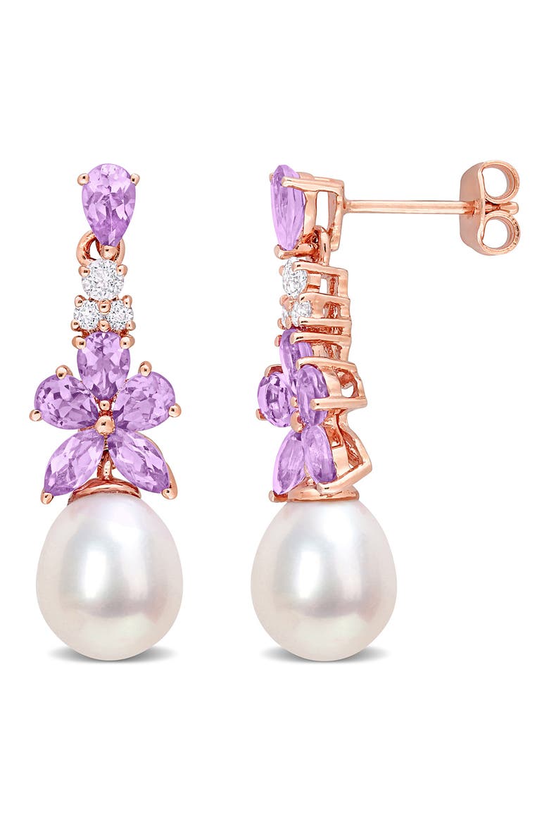 Rose Gold Plated Sterling Silver Amethyst & White Topaz 8.5-9mm Cultured Freshwater Pearl Drop Earrings, Main, color, MULTI