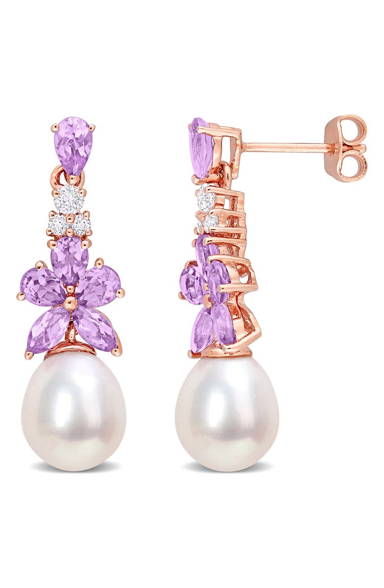DELMAR Rose Gold Plated Sterling Silver Amethyst & White Topaz 8.5-9mm Cultured Freshwater Pearl Drop Earrings, Main, color, Multi