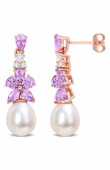 DELMAR Rose Gold Plated Sterling Silver Amethyst & White Topaz 8.5-9mm Cultured Freshwater Pearl Drop Earrings