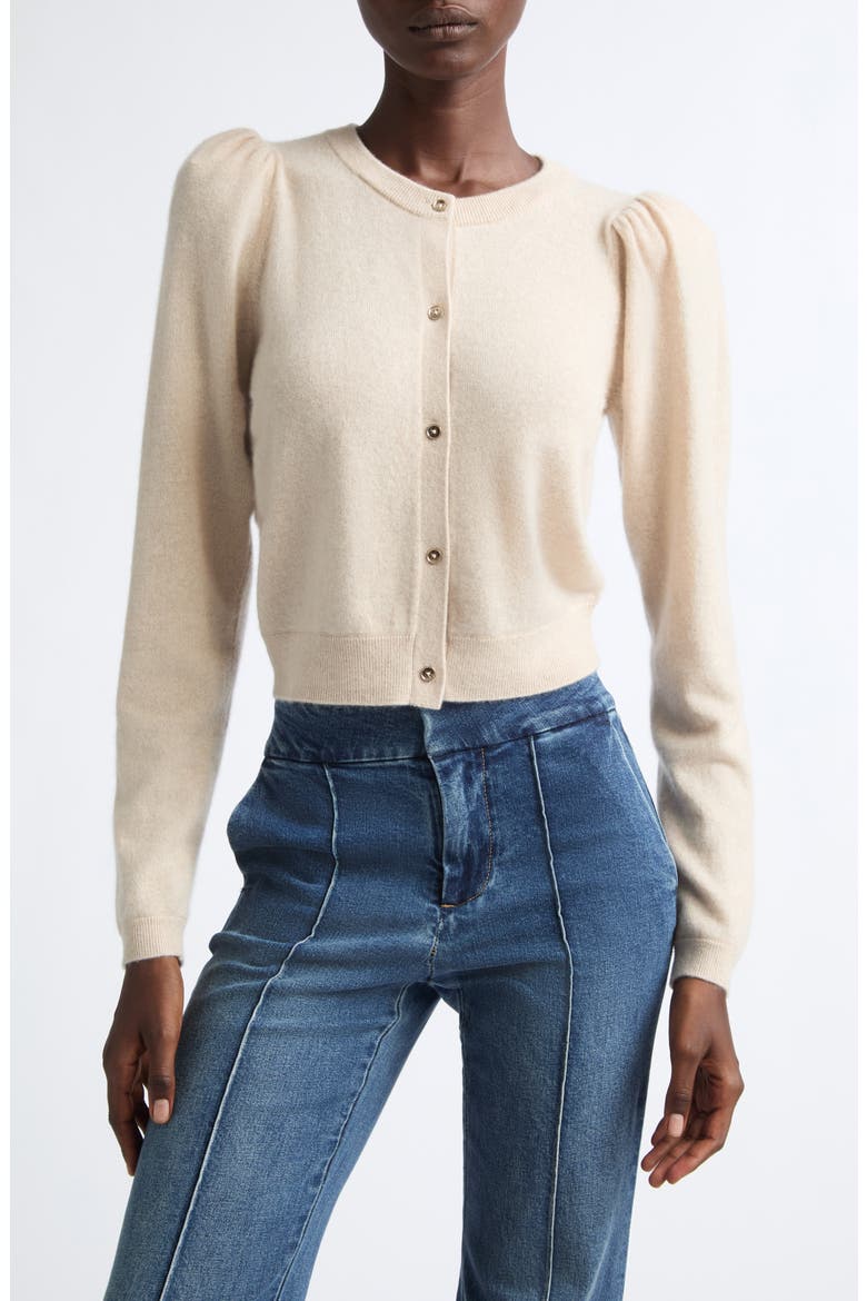 Dollie Puff Shoulder Cashmere Cardigan, Main, color, OATMEAL HEATHER