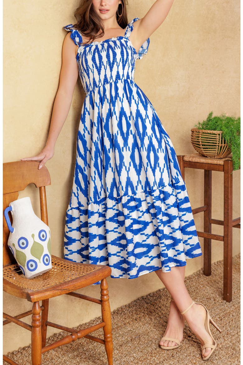 Smocked Ruffle Strap Tiered Midi Dress, Alternate, color, IVORY BLUE