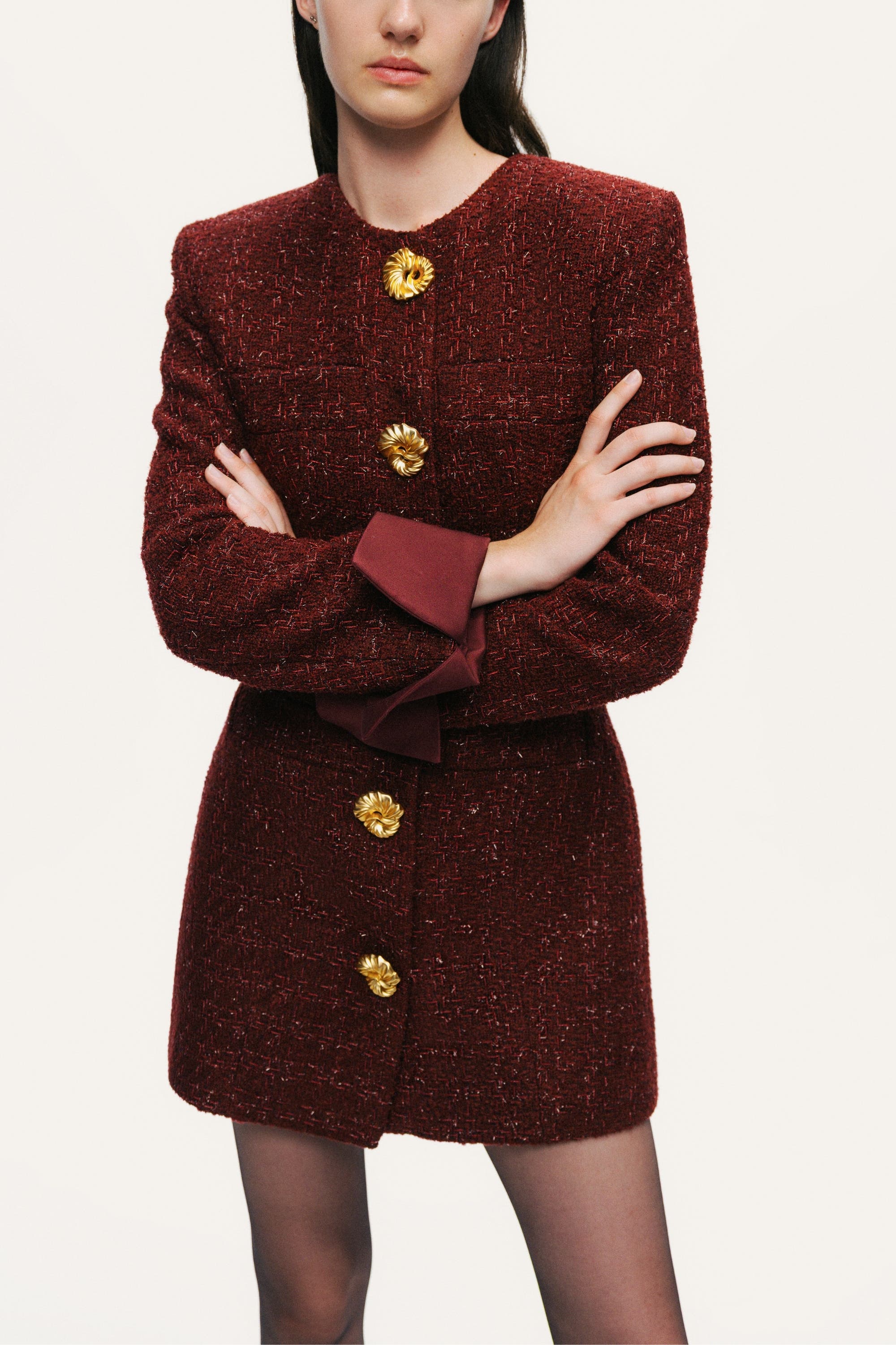 Gold-Button Boucle Mini Dress - image 2
