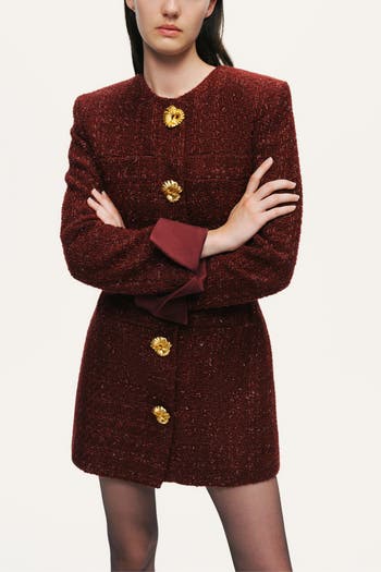 Gold-Button Bouclé Mini Dress