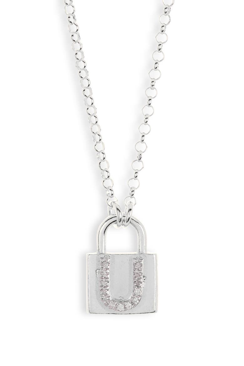 Diamond Padlock Initial Pendant Necklace - 0.12ct., Main, color, WHITE-U