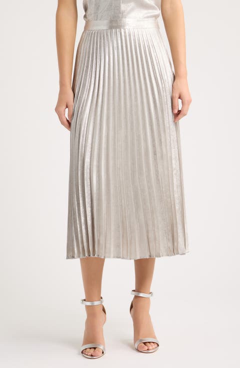 Pleated Foil Midi Skirt
