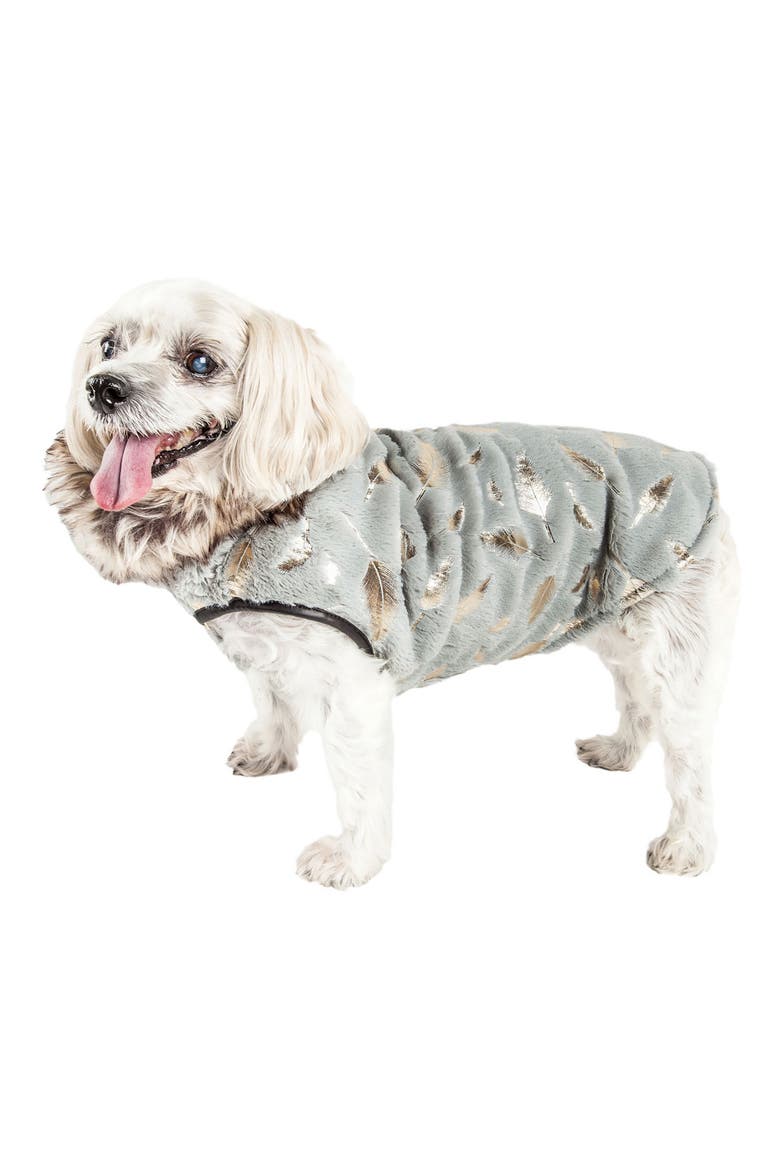 LUXE 'Gold Wagger' Gold-Leaf Designer Faux Fur Dog Coat, Alternate, color, GREY AND GOLD