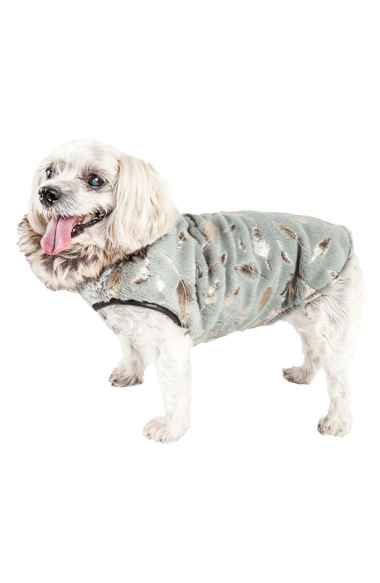 PET LIFE LUXE 'Gold Wagger' Gold-Leaf Designer Faux Fur Dog Coat, Alternate, color, Grey And Gold