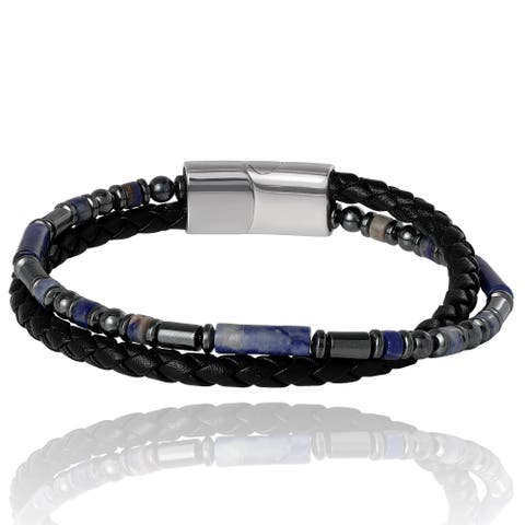 Men's Braided Sodalite Bead 8.5'' Bracelet, Black/Blue, Magnetic Clasp