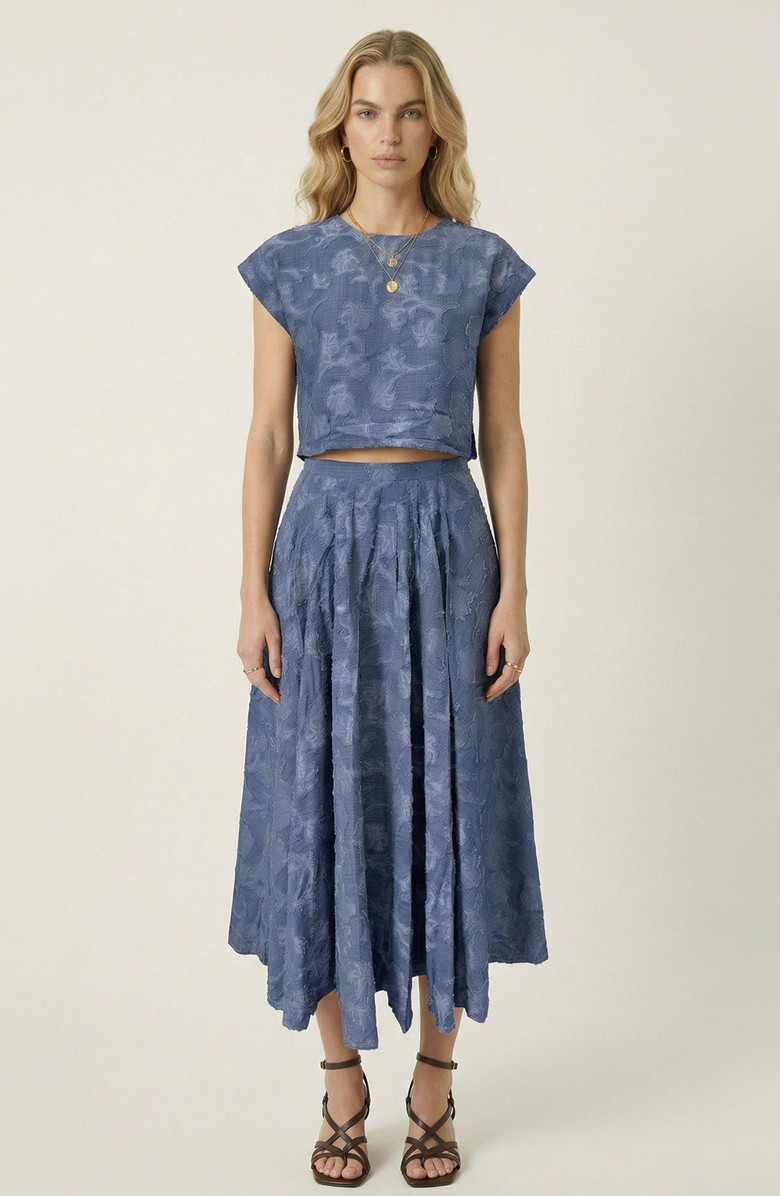 Modenaire Textured Crop Top and Midi Skirt Set, Main, color, Dusty Blue
