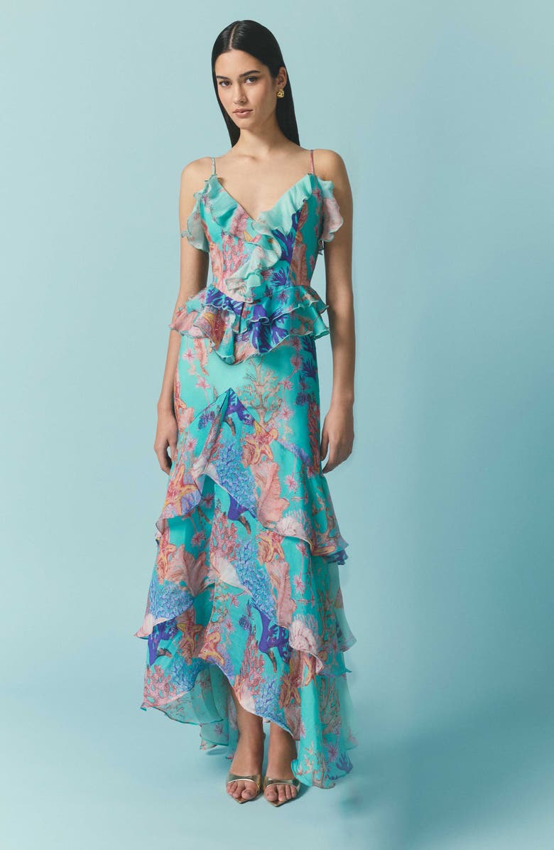 Elliatt Coral Print Tiered High-Low Gown, Alternate, color, Blue Multi
