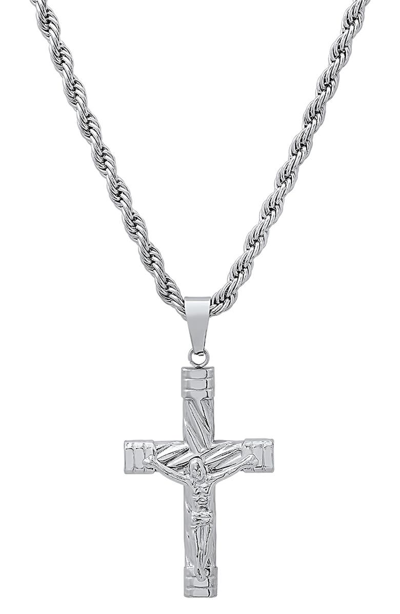 HMY JEWELRY Men's Stainless Steel Rope Chain Crucifix Pendant Necklace, Main, color, Silver
