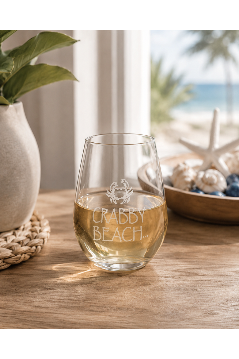 "Crabby Beach" Stemless Wine Glass 12oz, Alternate, color, White