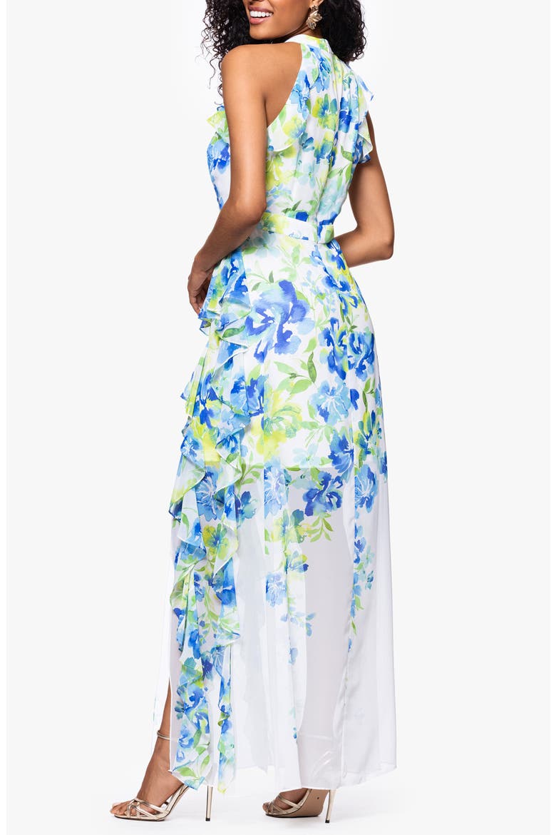 Print Ruffle Sleeveless Gown, Alternate, color, AQUA/ MULTI