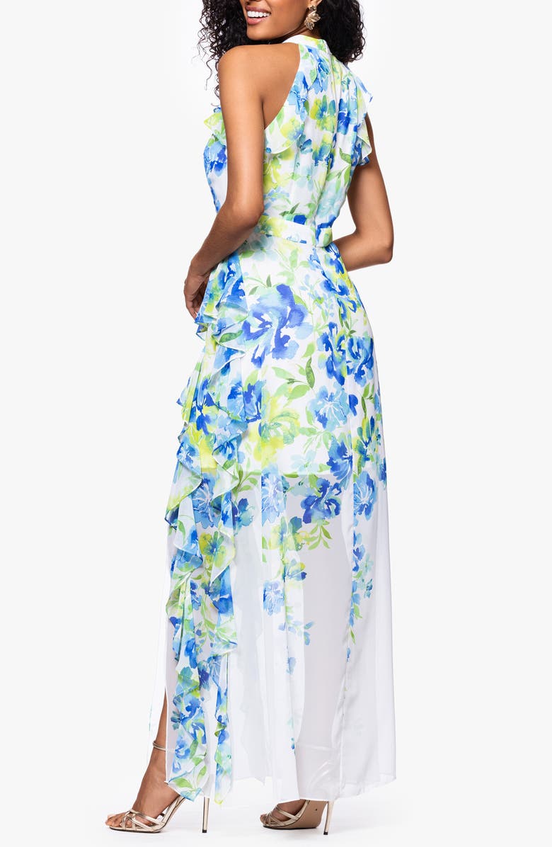 Betsy & Adam Print Ruffle Sleeveless Gown, Alternate, color, Aqua/ Multi