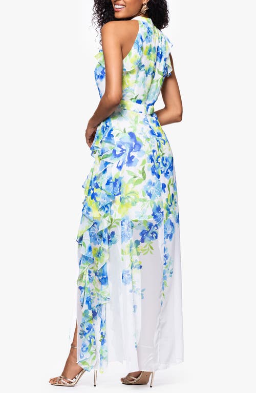BETSY & ADAM BETSY & ADAM PRINT RUFFLE SLEEVELESS GOWN 