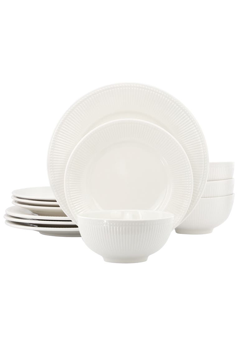 Gianna 12 Piece Round Stoneware Dinnerware Set in White, Main, color, White