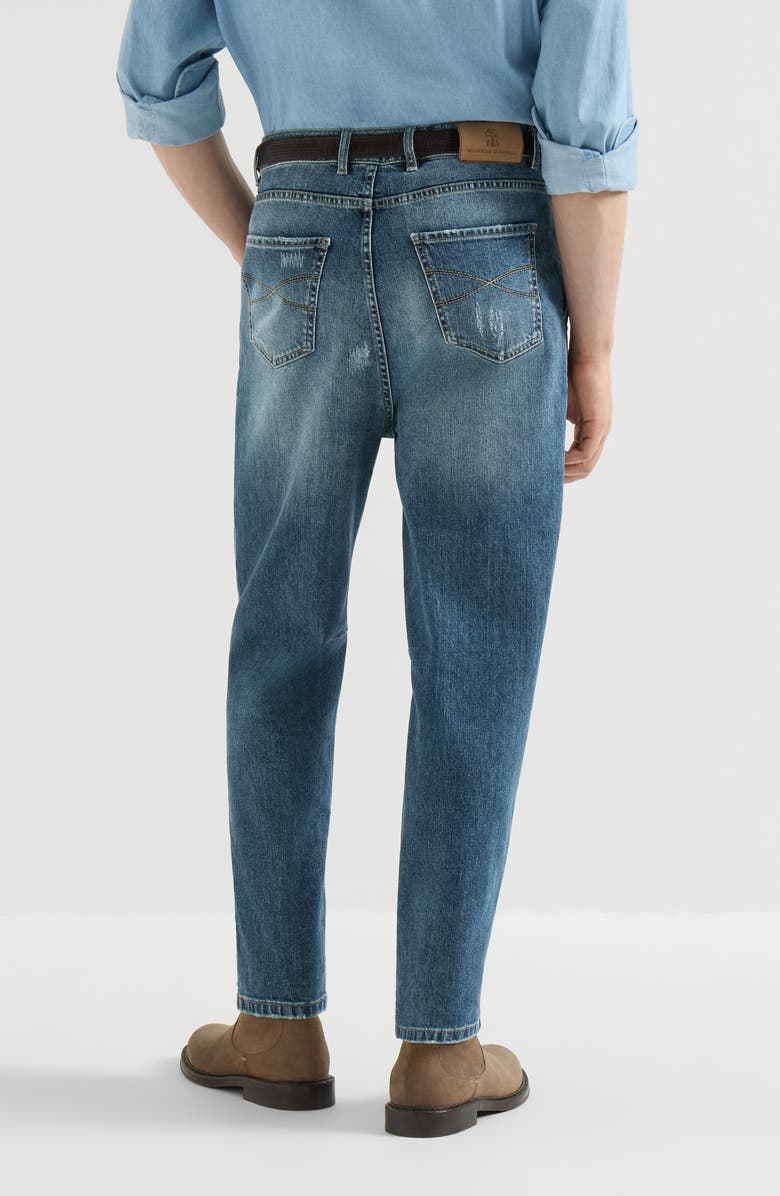 Brunello Cucinelli Comfort cotton denim iconic fit five-pocket trousers with double pleats and rips, Alternate, color, Medium Denim