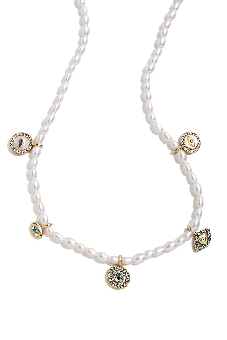 Evil Eye Faux Pearl Charm Necklace, Main, color, COOL MULTI