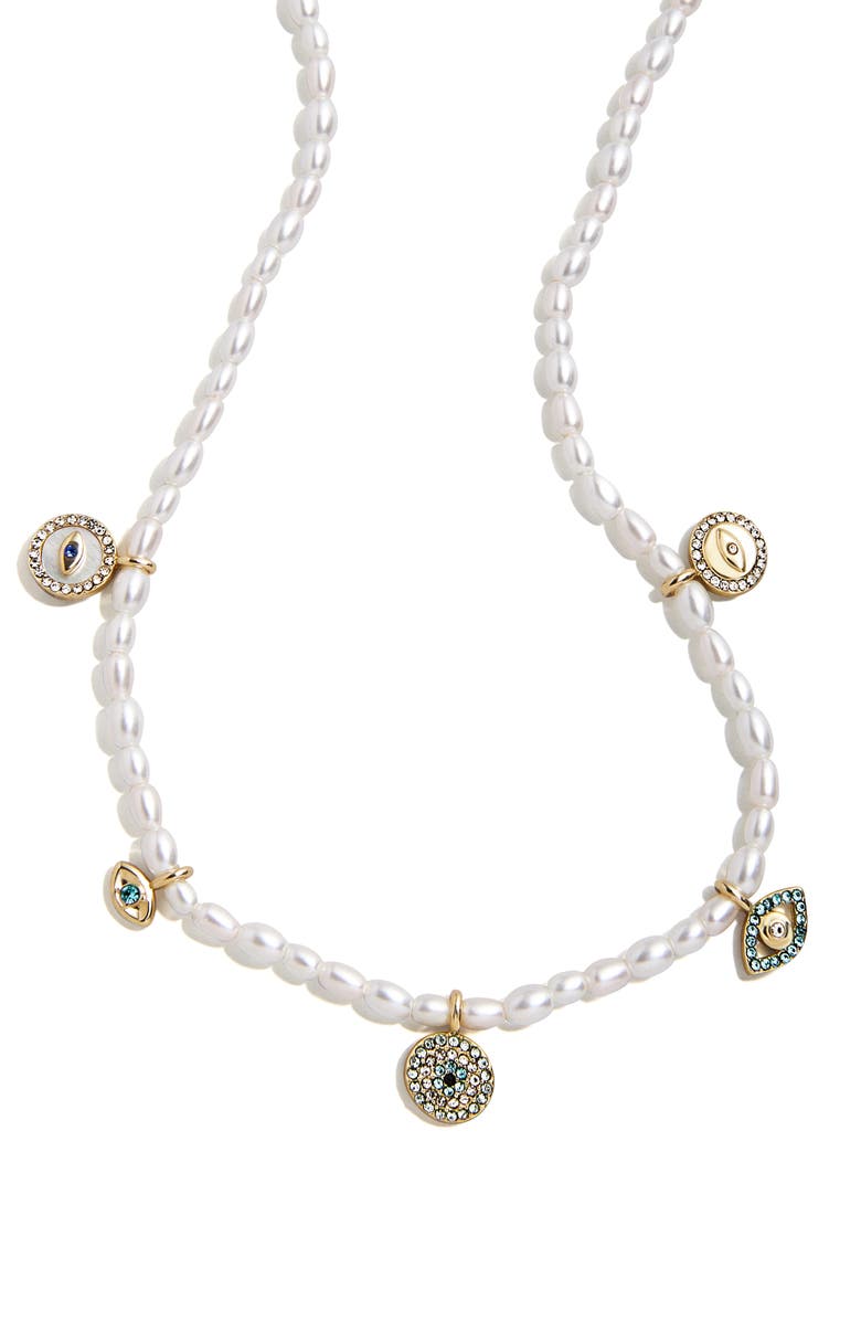 BaubleBar Evil Eye Faux Pearl Charm Necklace, Main, color, Cool Multi