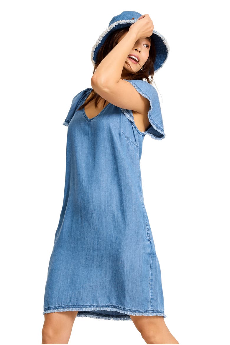 Flutter Sleeve Fray Chambray Minidress, Alternate, color, MEDIUM INDIGO WASH