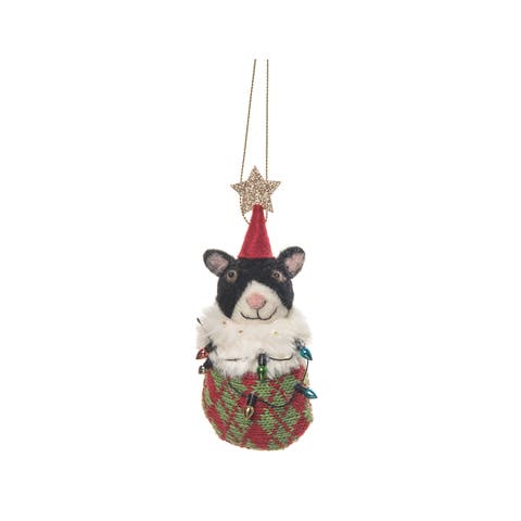 Mouse In Stocking W/Star Fabric Ornament