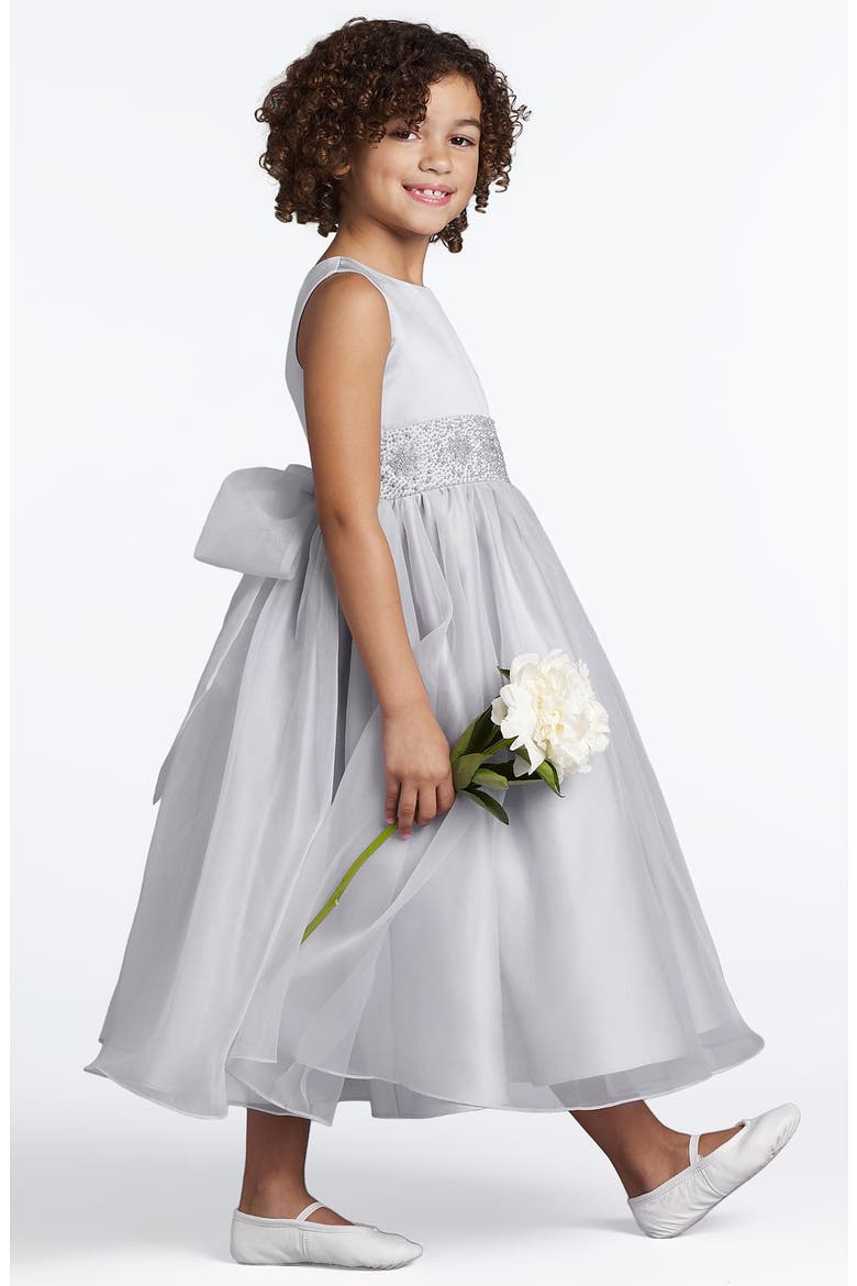 Kids' Beaded Satin Sleeveless Communion Dress, Main, color, PEWTER