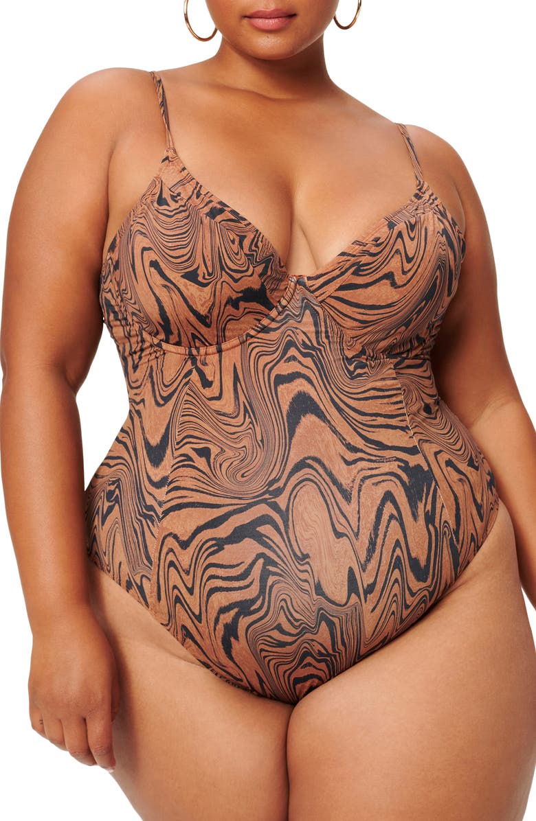 Good American Showoff Underwire One-Piece Swimsuit, Alternate, color, Chai Swirl002