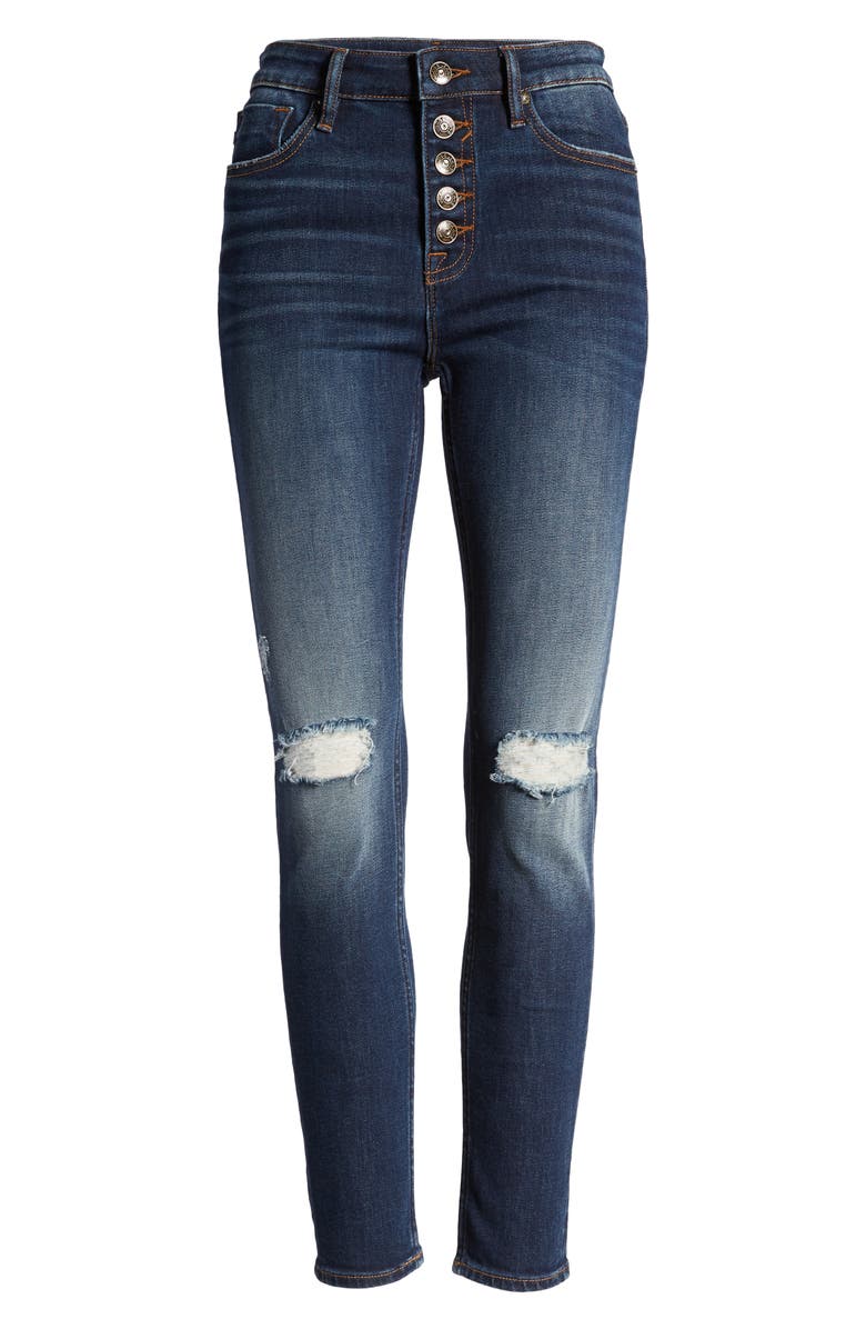 A V DENIM Ace Ripped High Waist Button Front Skinny Jeans, Alternate, color, 