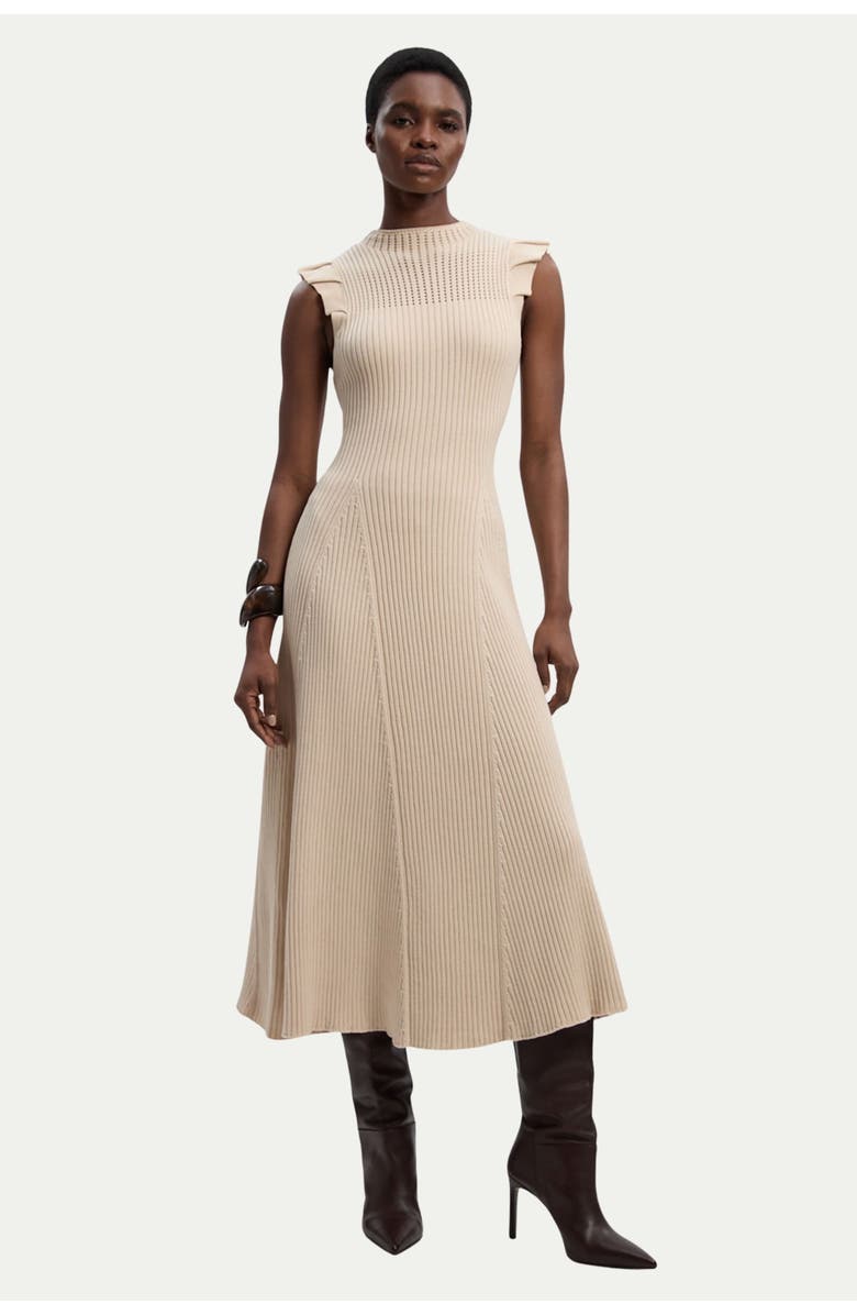 Karen Millen Pointelle Frill Sleeve Knit Midi Dress, Main, color, Cream