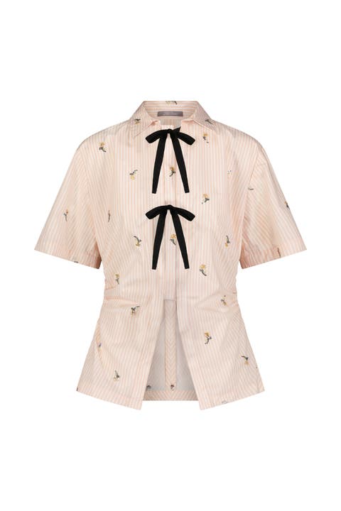 Embroidered Striped Cotton Bow Front Shirt