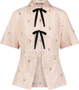 Lela Rose Embroidered Striped Cotton Bow Front Shirt