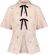 Lela Rose Embroidered Striped Cotton Bow Front Shirt