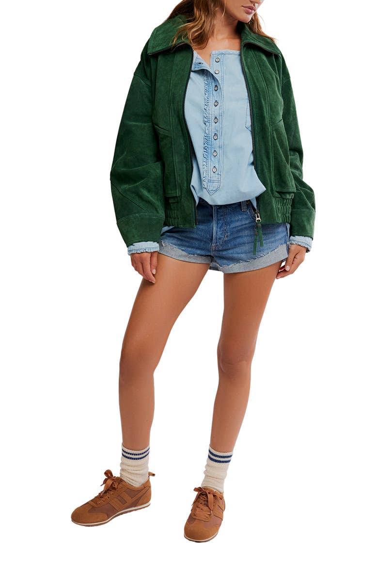 Free People Desert Moon Suede Bomber Jacket, Alternate, color, Green Grove