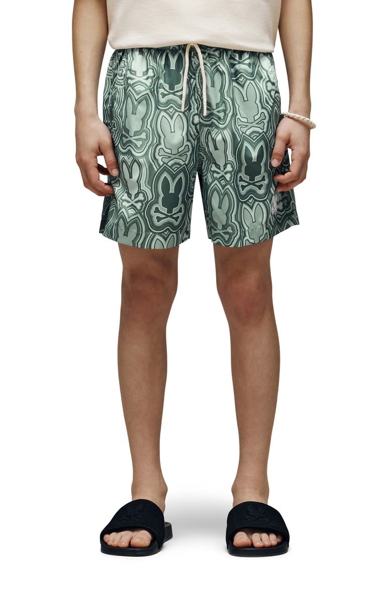 Psycho Bunny Kids' Chuck Print Swim Trunks, Alternate, color, Iceberg Green