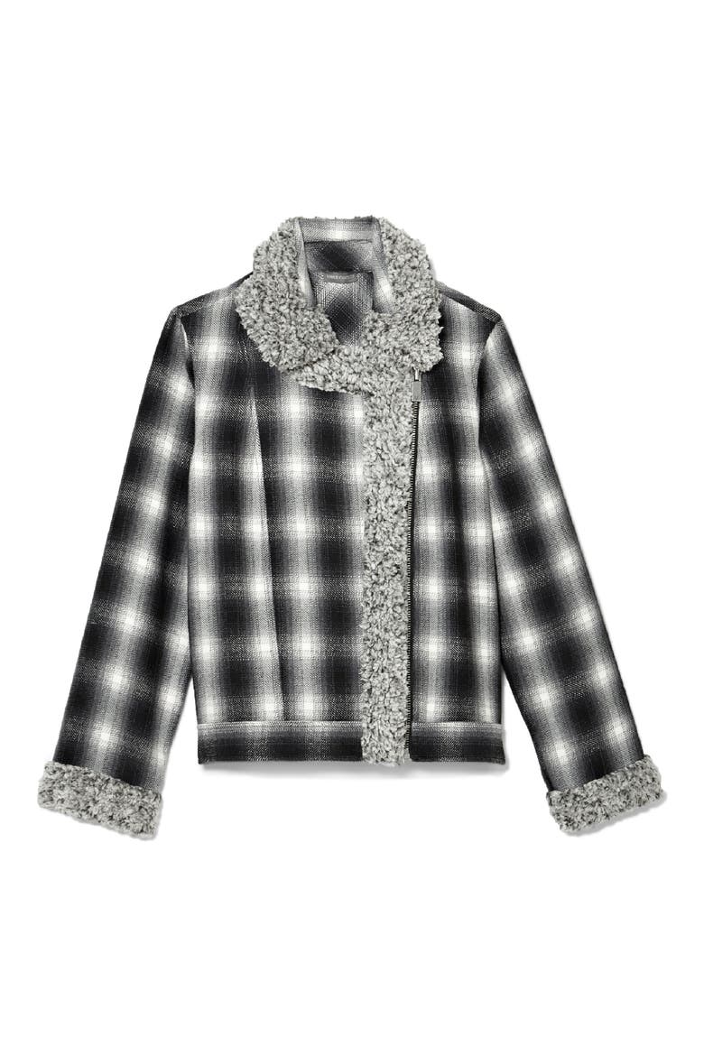 Faux Shearling Trim Plaid Jacket, Alternate, color, RICH BLACK