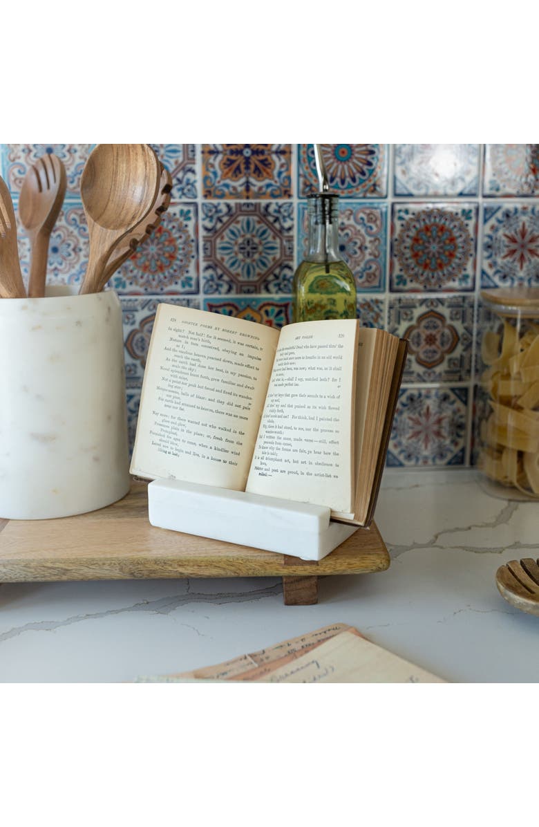 Foreside Home and Garden 7.75" x 8.5" Kendal White Marble Premium Kitchen Cook Book Holder w/ Foam Feet, Alternate, color, White