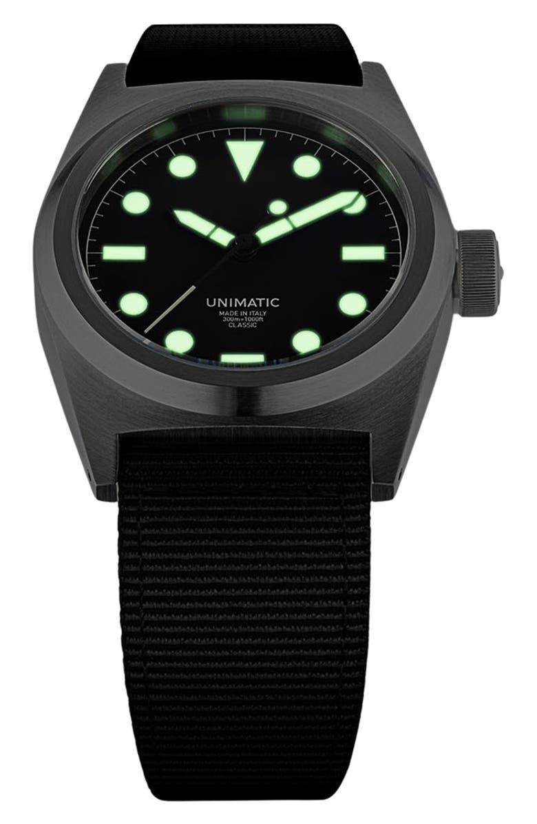 UNIMATIC Modello Due Automatic NATO Strap Classic Watch, 37mm x 39mm, Alternate, color, Black Steel