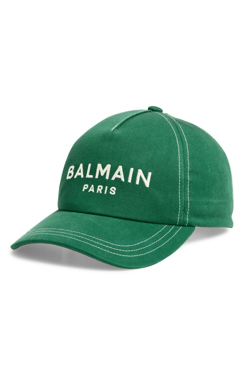 Balmain Embroidered Logo Cotton Twill Baseball Cap, Main, color, Green/Beige