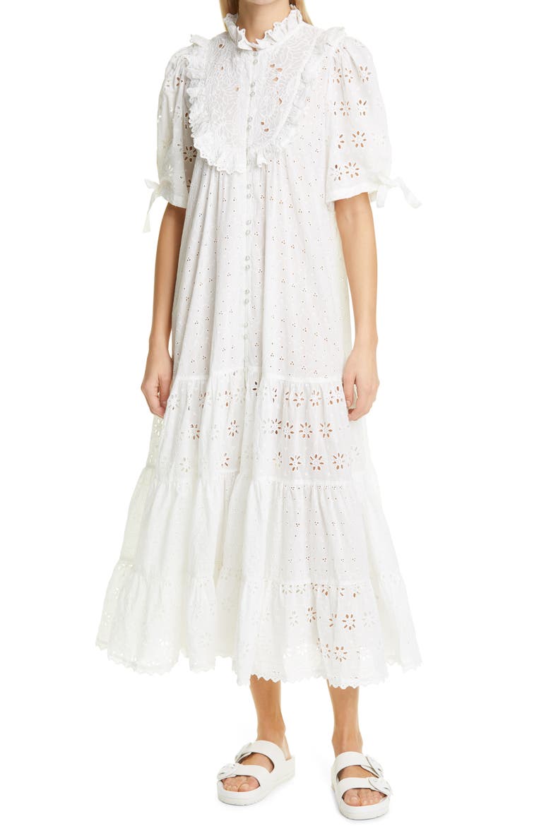 Broderie Anglaise Bib Front Midi Dress, Main, color, WHITE
